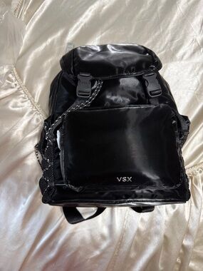Victoria Secret VSX Black Glossy Nylon Backpack with Front Pocket